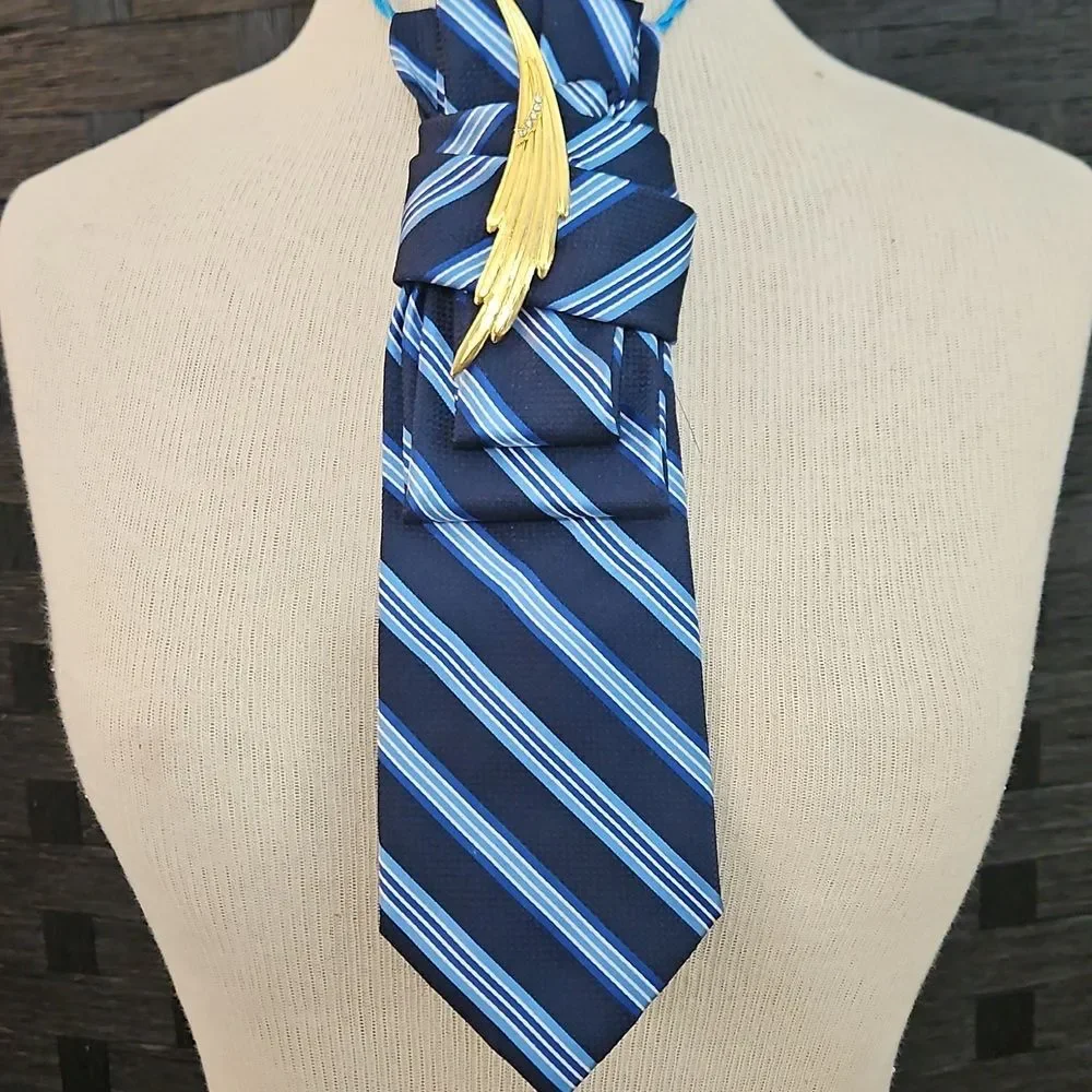 Elegant Blue Striped Statement Necklace Tie with Gold Accent